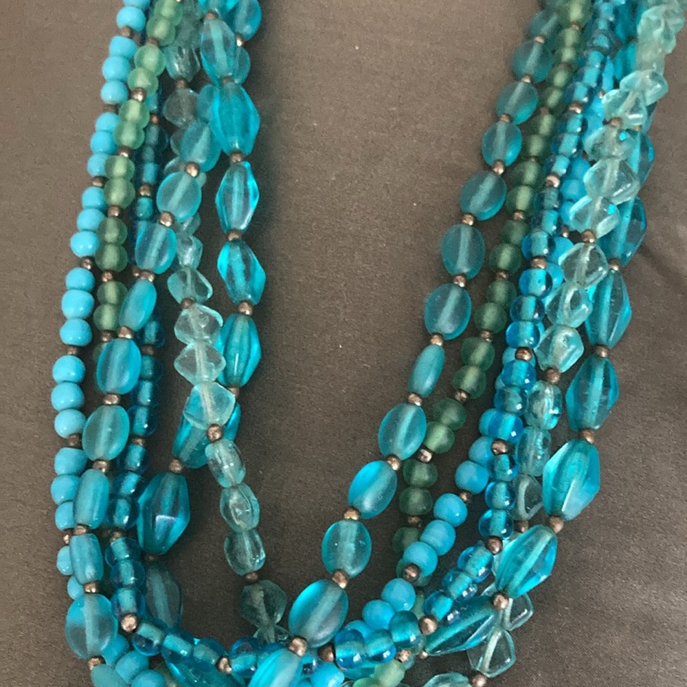 Multi strand choker necklace in greens and blues - Picture 3 of 5